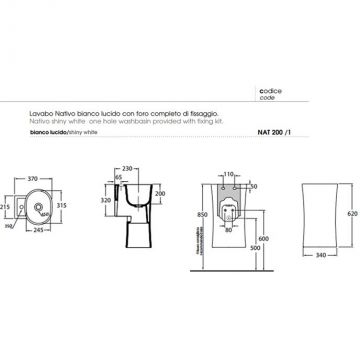 Раковина Azzurra (Аззурра) Nativo подвесная 35x37x62 см, 1 отверстие, с креплением, цвет: Bianco lucido LALS035370NM/(NAT200/1 bi)*1
