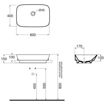 Раковина Azzurra (Аззурра) Prua 60х40 см, без отверстий, цвет: белый PRLN06040000BI/(PRU60/IN bi)*0