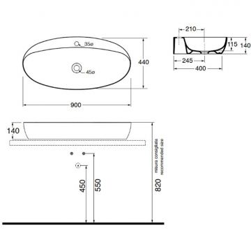 Раковина Azzurra Elegance Circle накладная, 90x44xH14 см, 1 отверстие, без перелива, цвет: Bianco lucido ELLA090440CMBI/(ECI90M bi)*1