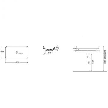 Раковина Azzurra (Аззурра) Elegance Soft накладная/полувстраиваемая, 75x40xH14 см, без отверстий, цвет: Bianco lucido ELLG075400S0BI/(ESO75 bi)*0