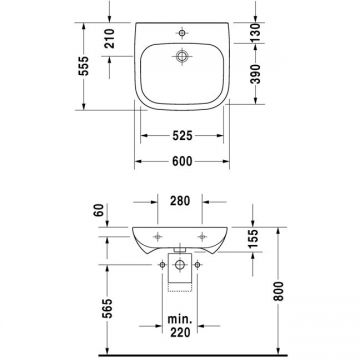 Раковина Duravit (Дуравит) D-Code 60х55 см, 1 отверстие, медицинская, без перелива, цвет: белый 23136000002