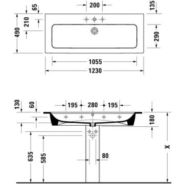 Раковина Duravit (Дуравит) ME by Starck подвесная 123х49см, с площадкой, с 1 отверстие, по центру, цвет: белый 2361120000