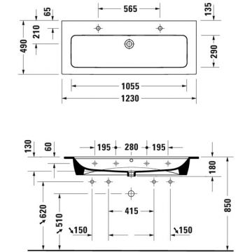 Раковина Duravit (Дуравит) ME by Starck подвесная 123х49 см, с площадкой, 2 отверстия, цвет: белый 2361120024