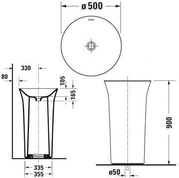 Раковина Duravit (Дуравит) White Tulip напольная 50х h90 см, без перелива, без отверстий, сифон, слив в пол, цвет: белый 2703500070