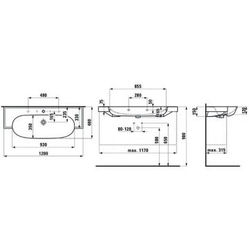 Раковина Laufen (Лауфен) New Classic 120х48х16.5 см, 2 отверстия, цвет: белый матовый 8.1385.8.757.107.1