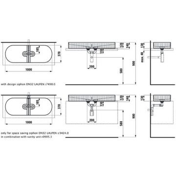 Раковина Laufen (Лауфен) Sonar 100x37х13 см, без отверстий, двойная, без перелива,с наружным декором, цвет: белый 8.1234.9.000.112.1