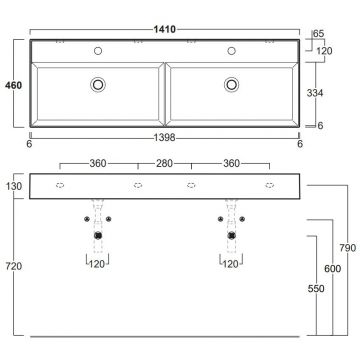 Раковина Simas Agile 141x46 см, 2 отверстия, двойная, цвет: белый AG141D bi*2
