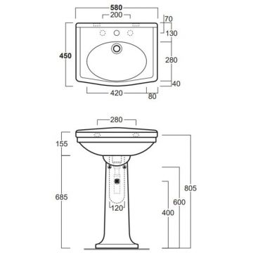 Раковина с колонной Simas Londra 58х45 см, 1 отверстие, цвет: белый LO914bi*1