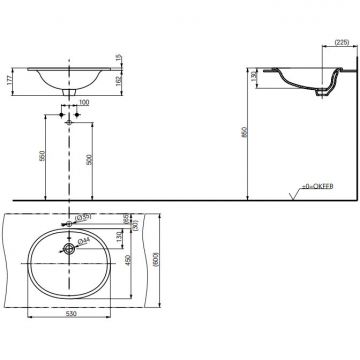 Раковина Toto (Тото) Public 53x45x17.7 см, встраиваемая сверху, без отверстий, с переливом, CeFiONtect, цвет: белый LW762Y