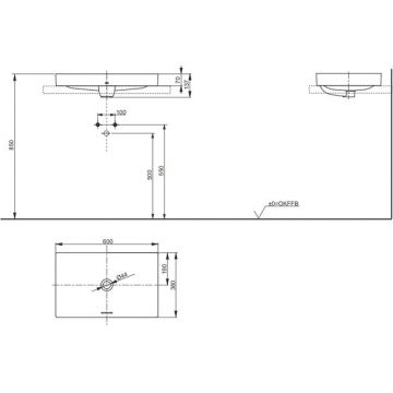 Раковина Toto TR Lavatory 60x38x13.7 см, без отверстий, полувстраиваемая, с переливом, CeFiONtect, LinearCeram, цвет: белый L4716RE#XW