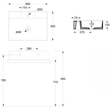 Раковина Alice (Элис) Hide 60x45х13.5 см, подвесная, 1 отверстие, цвет: белый глянцевый 31230101S