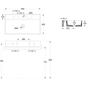 Раковина Alice (Элис) Hide 80x45х13.5 см, подвесная, 1 отверстие, цвет: белый глянцевый 31240101S