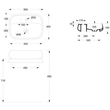 Раковина Alice (Элис) Nur Plan 60x45x15 см, накладная, 1 отверстие, цвет: белый глянцевый 33210101