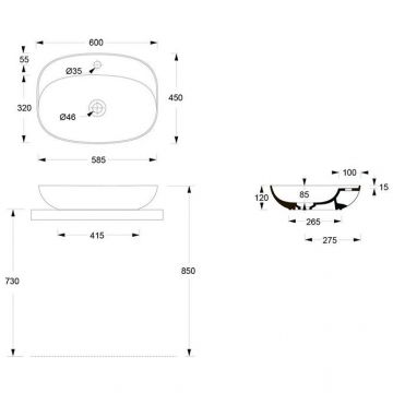 Раковина Alice (Элис) Form Oval 60x45х12 см, накладная, 1 отверстие, цвет: белый глянцевый 22460101