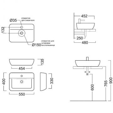 Раковина Kerama Marazzi (Керама Марацци) Plaza накладная 55х40 см, с 1 отверстие, цвет: белый глянцевая PLR.wb.55.1