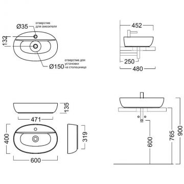Раковина Kerama Marazzi (Керама Марацци) Plaza накладная, 60х37 см, с 1 отверстие, цвет: белый глянцевая PLR.wb.60.1