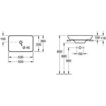 Раковина Villeroy and Boch (Виллерой энд Боч) Venticello накладная 55х36см, без отверстий, с переливом, CeramicPlus, цвет: альпийский белый 411355R1