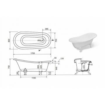 Ванна из литьевого мрамора 170х80 см Creto (Крето) Corsica 24-1111 с белыми ножками