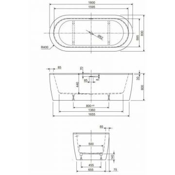 Акриловая ванна Cezares (Цезарис) пристенная Slim Wall-180-80-44-W37 180х80 см глубина 44 см