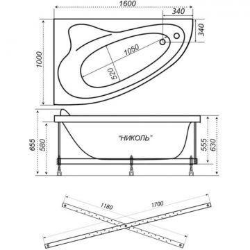 Ванна асимметричная Тритон (Triton) акриловая Николь 1600х1000х620 мм правая (Щ0000049495) (на Х-каркасе)
