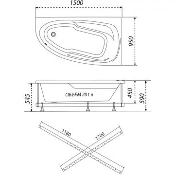 Ванна обрезная асимметричная Тритон (Triton) акриловая Madrid 1500х950х590 мм (Щ0000045643) (без монтажного комплекта/ножек)