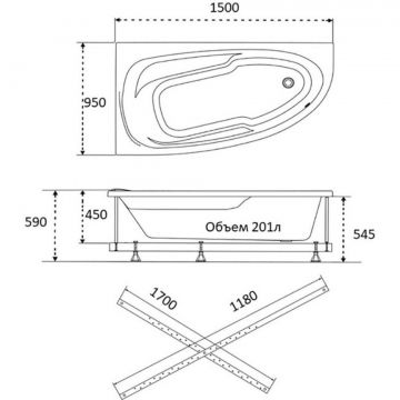Ванна обрезная асимметричная Тритон (Triton) акриловая Madrid 1500х950х590 мм (Щ0000045644) (без монтажного комплекта/ножек)