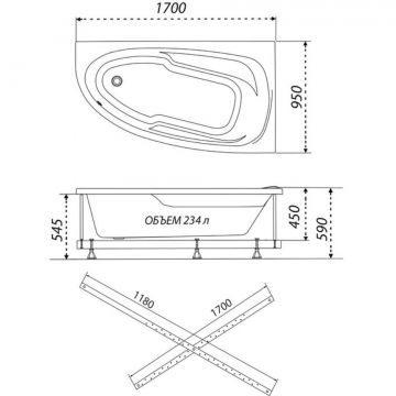 Ванна обрезная асимметричная Тритон (Triton) акриловая Madrid 1700х950х590 мм (Щ0000045645) (без монтажного комплекта/ножек)