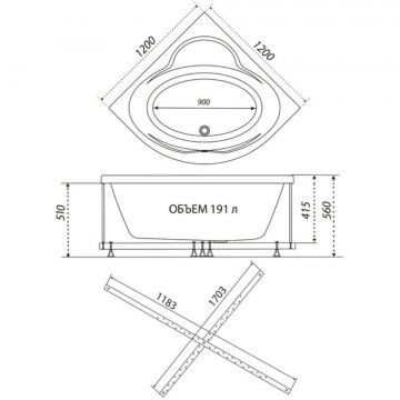 Ванна обрезная угловая Тритон (Triton) акриловая Мартин 1200х1200х560 мм (Щ0000045647) (без монтажного комплекта/ножек)