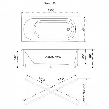 Ванна обрезная прямоугольная Тритон (Triton) акриловая Tokyo 1700х700х590 мм (Щ0000062643) (без монтажного комплекта/ножек)