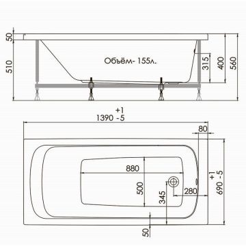 Ванна прямоугольная Тритон (Triton) акриловая Gamma 1400х690х560 мм (Щ0000025829) , (без монтажного комплекта/ножек)