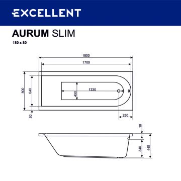 Ванна акриловая прямоугольная Excellent (Экселент) Aurum Slim 180x80 см WAEX.AUR18WHS белый