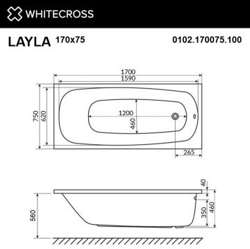 Ванна акриловая прямоугольная Whitecross (Вайткросс) Layla 170х75 см белый 0102.170075.100