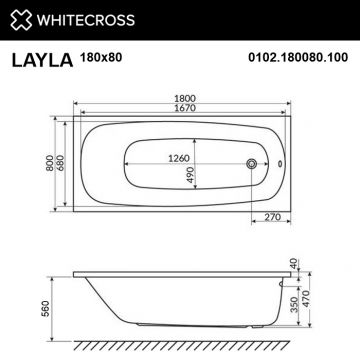 Ванна акриловая прямоугольная Whitecross (Вайткросс) Layla 180х80 см белый 0102.180080.100