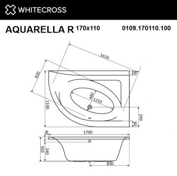 Ванна акриловая четверть круга Whitecross Aquarella 170х110 см правая RELAх хром 0109.170110.100.RELAх.CR