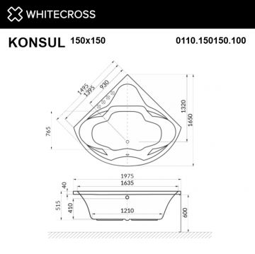 Ванна акриловая четверть круга Whitecross (Вайткросс) Konsul 150х150 см белый 0110.150150.100