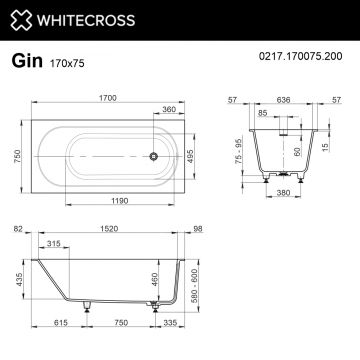 Ванна акриловая прямоугольная Whitecross (Вайткросс) Gin 170х75 см белый матовый 0217.170075.200