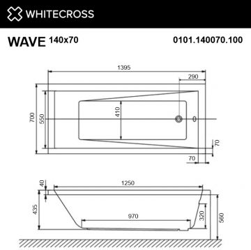 Ванна акриловая прямоугольная Whitecross (Вайткросс) Wave 140х70 см белый 0101.140070.100