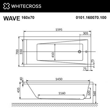 Ванна акриловая прямоугольная Whitecross Wave 160х70 см белый 0101.160070.100
