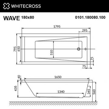 Ванна акриловая прямоугольная Whitecross Wave 180х80 см белый 0101.180080.100