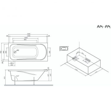Ванна акриловая Am.Pm (Ам.Пм) Sense 150x70см, каркас, слив-перелив, комплект W75A-150-070W-KL белый