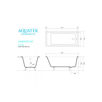 Ванна чугунная эмалированная Aquatek (Акватек) Альфа 170x75 см в комплекте с 4-мя ножками AQ8970F-00 Белый
