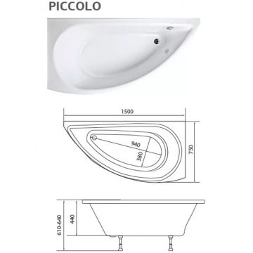 Ванна акриловая асимметричная 1MarKa Piccolo L 1500х750 белый (01пк1770л)