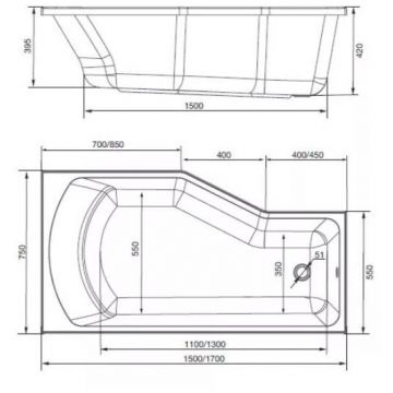 Ванна акриловая асимметричная 1MarKa (1Марка) Convey R 1500х750 белый (01кон1575п)