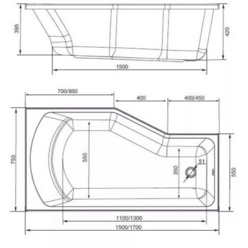 Ванна акриловая асимметричная 1MarKa Convey L 1700х750 белый (01кон1775л)