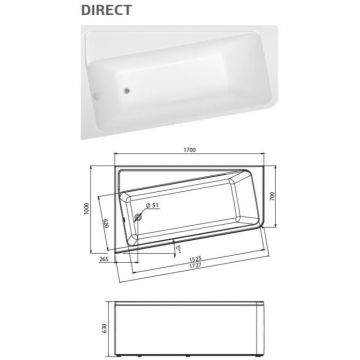 Ванна акриловая асимметричная 1MarKa (1Марка) Direct R 1700х1000 белый (01дир1710п)