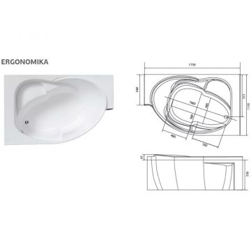 Ванна акриловая асимметричная 1MarKa Ergonomika R 1750х1100 белый (01эрг17511п)