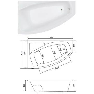 Ванна акриловая асимметричная 1MarKa (1Марка) Assol R 1600х1000 белый (01асс1610п)