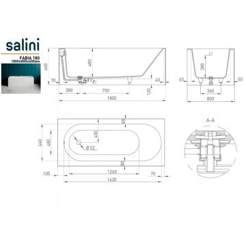 Ванна пристенная Salini (Салини) Fabia 1800х600х мм, 102612G, белый глянцевий