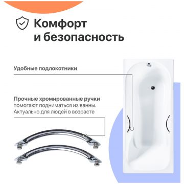 Чугунная ванна Диво Ярославль 150x75 см, пристенная, белая, на ножках, с ручками, Diwo