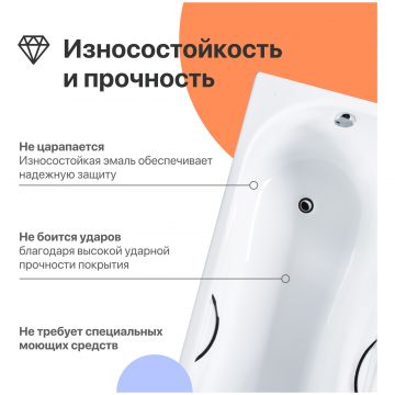 Чугунная ванна Диво Ярославль 180x80 см, пристенная, белая, на ножках, с ручками, Diwo